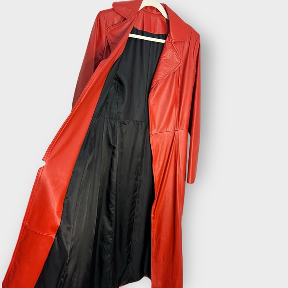 Vintage 1970’s Real Leather Full Length Red Open Coat - Picture 9 of 11